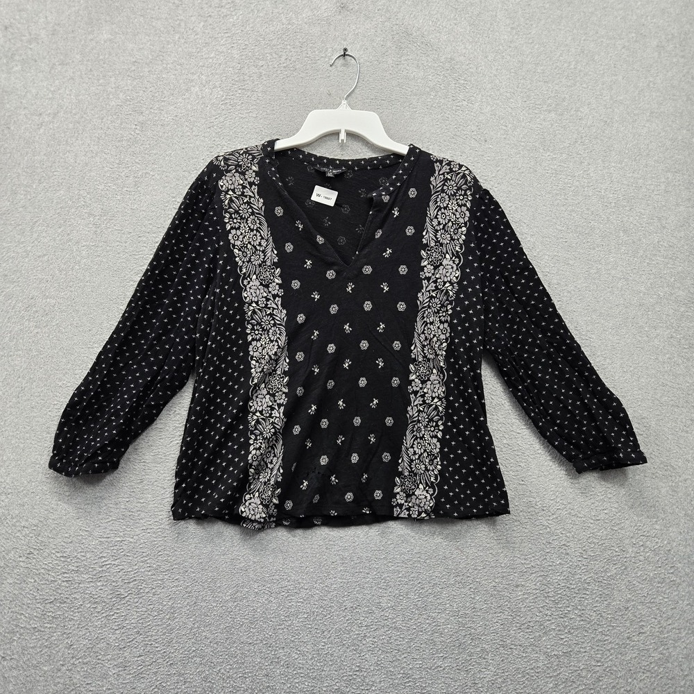 Lucky Brand Women Blouse L Black Floral Boho Long Sleeve V Neck Pullover READ